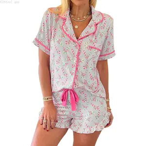 Womens Christmas Lounge Sets Candy Cane Print Pocketed Knotted PJ Set Short Sleeve Xmas Top and ShortsC38tool que