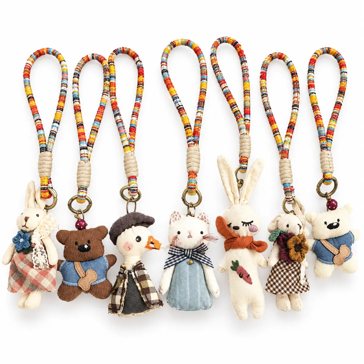 DailyCabin Vintage Cute Fabric Plush with Colorful Woven Stretch Lanyard Multi-Style Duck Rabbit Bear Cat Adorable Handbag Purse Charms for Women Bag Backpack Car Key Accessories Decor Hanging Crochet Keychain  toy