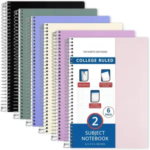 2 Subject Spiral Notebook, 6 Pack, College Ruled, 6 x 9.5 in, 100 Sheets, Poly Cover, 2 Dividers and Double-Sided Pockets for Study, Assorted Colors