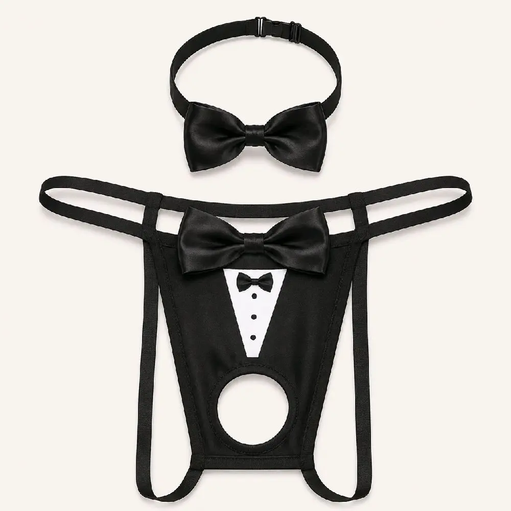 Men’s Hollow Bowknot Pattern G-String With Collar, Sexy Comfortable Lingerie