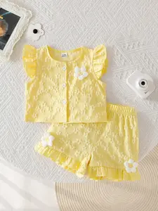 Girls' Waffle Knit Short Sleeve + Wooden Trim Shorts Set, Floral Decoration, High-Quality Summer Home Wear/picnic/birthday, Girly