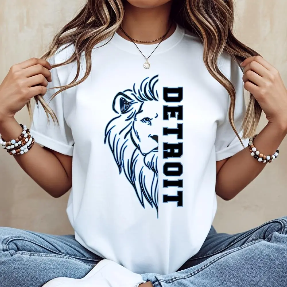 Lion Head Detroit Print T-Shirt, City Pride Sports Fan Apparel, Casual Daily Wear Streetwear