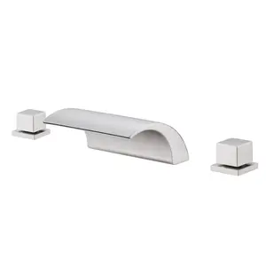 WOWOW 2-Handle Roman Waterfall Tub Faucet, Brushed Nickel Deck-Mount Brass 3-Hole Bathroom Fixture Without Diverter, Double Handle Design, Double Handle Faucet
