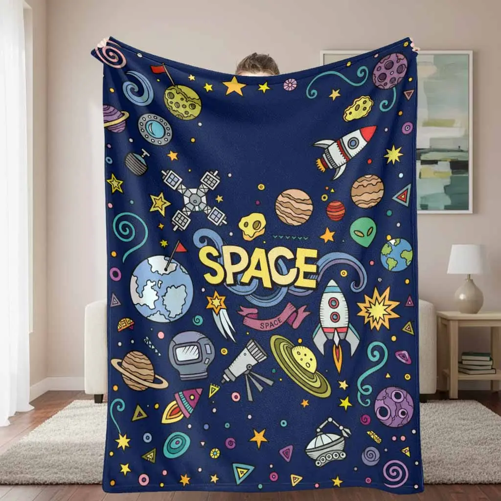 Space Exploration Flannel Throw Blanket - Galaxy, Rocket, Planet, Astronaut Print - Soft, Cozy, Lightweight, Warm, Breathable, Durable, Unisex Decorative Blanket for Sofa, Bedroom, Travel - Machine Washable Gift Option