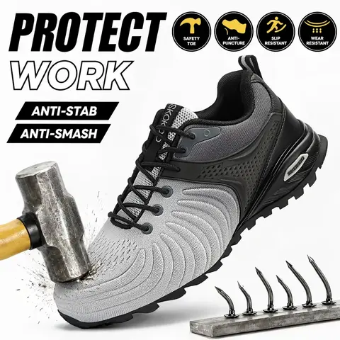SKOKOD Men’s Fashion Minimalist Steel Toe Work & Safety Sneakers - Work & Safety Footwear, Non Slip, Laced, Round Toe, Lightweight, Puncture Safe, Breathable Mesh Keeps Cool, Wide Fit, Durable Flexible Upper for Construction Workers (All Seasons)