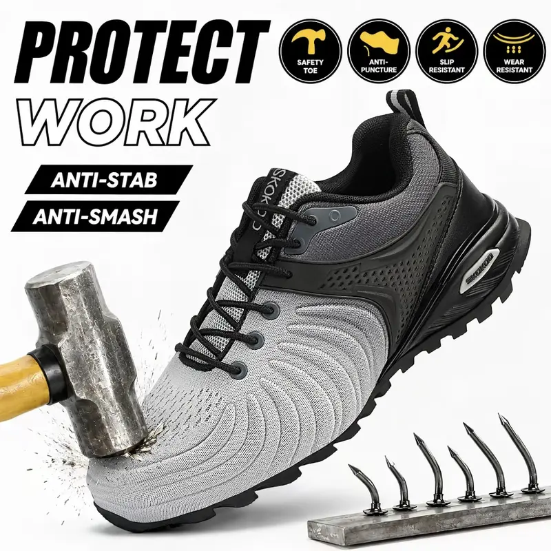 SKOKOD Men’s Fashion Minimalist Steel Toe Work & Safety Sneakers - Work & Safety Footwear, Non Slip, Laced, Round Toe, Lightweight, Puncture Safe, Breathable Mesh Keeps Cool, Wide Fit, Durable Flexible Upper for Construction Workers (All Seasons)