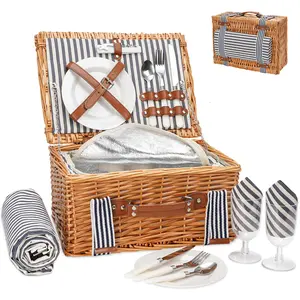 Wicker Picnic Basket for 2, Willow Hamper Basket with Large Insulated Cooler Compartment, Picnic Sets with Waterproof Picnic Blanket, Picnic Basket with 2 Person Kit for Camping, Hiking(Grey)