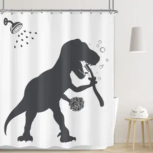 Funny Dinosaur Shower Curtain Set, Dino Ghost Skeleton Shower Curtain for Kids Men Women Adults Teen Boys Girls, Trex Raptor Silhouette, Fun Black White Cartoon Animal Shadow Bathroom Accessories Art Home Decor 60Wx72H 66Wx72H