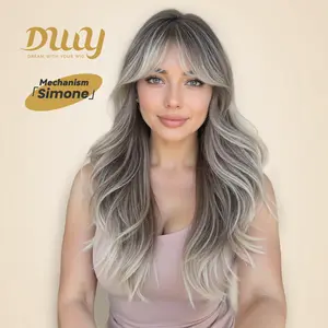Simone H-DWY Long-length Layer-cut Wave Ash Grey Gradient Glueless Synthetic Wig with Bangs for Women 22 Inches Wavy Mix Blonde