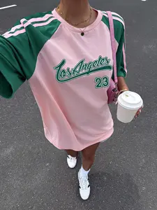 Los Angeles 23 Raglan Sleeve T-Shirt for Women, Y2K Aesthetic Pink Green Color Block Striped Tee, Oversized Casual Sporty Vintage Graphic Tops,Perfect for Daily Wear, School, Shopping, Date Night, Retro College Style for Teen Girls, Gen Z Fashion