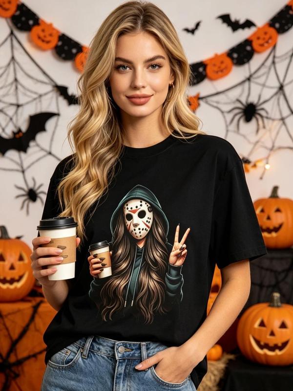 Women's Plus Size Cotton Character Print Halloween Tops for Women - Oversized Crewneck Short Sleeve, Comfortable Boho Cute Style, Horror Baddie Slasher Movie Spooky Coffee Lover Graphic Tee