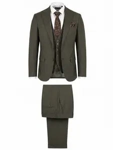Men's 3-Piece Classic Olive Heritage Check Suit - Tailored Earth-Tone Longsleeves Blazer Set, Business Formal Clothes, Executive Menswear