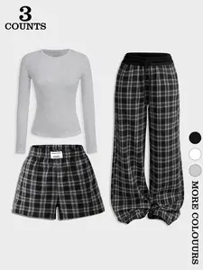 Women's Long Sleeve Pajama Sleepwear Set with Plaid Shorts and Pants, Fashionable Versatile Style, Suitable for All Seasons