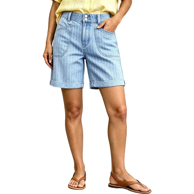 Flamingals Pinstriped Roll Hem Mid Waist Denim Mid Thigh Shorts Womenswear Stretchy 7.5" Inseam Summer