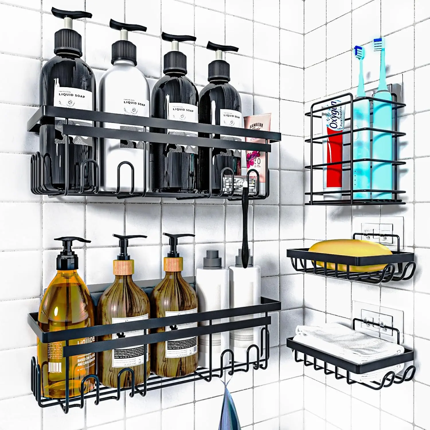Shower Caddy 5 Pack, Adhesive Shower Organizer for Bathroom & Home & Kitchen, Rustproof Stainless Steel Shower Shelves with Hooks, No Drill, Large Capacity, Bathroom Organizer for Inside Shower