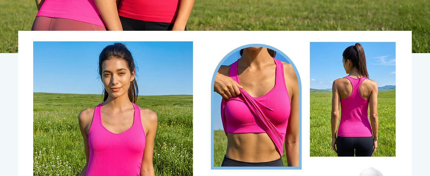 ATTRACO One Piece Built-in Bra Ribbed Sweetheart Neck Seamless Sleeveless Workout Tank Top Basic Slim Fit Tummy Control Tank Casual Top