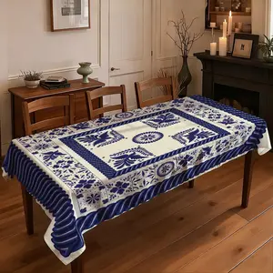 1 piece of 2D flat printed tablecloth  Talavera Style Blue and White Floral Tablecloth, Vintage Mexican Pattern Table Cover for Dining Room Kitchen Decor