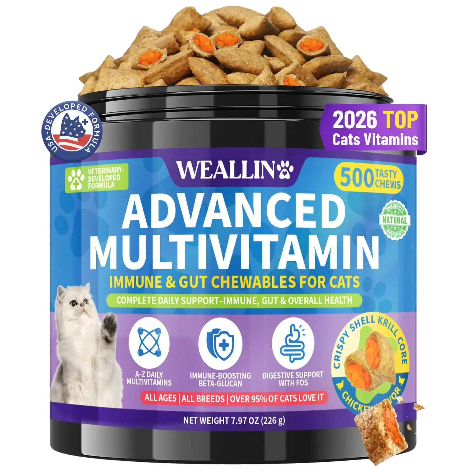 WEALLIN Cat Multivitamin Chewables with Taurine, Biotin, Zinc, Beta-Glucan - 18-in-1 Crunchy Krill Cat Supplements for Heart, Vision, Digestion Support - 500 Chicken-Flavored Treats, All Ages, 24-Month Shelf Life, 24 Months
