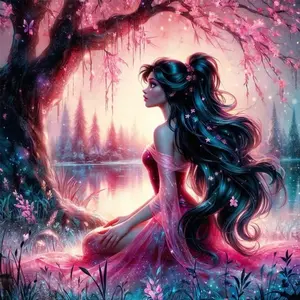 Lake Scene with Women and Cherry Blossoms Pattern DIY Diamond Arts Colorful Painting Kit without Frame, DIY 5D Diamond Arts Painting Kit for Beginner