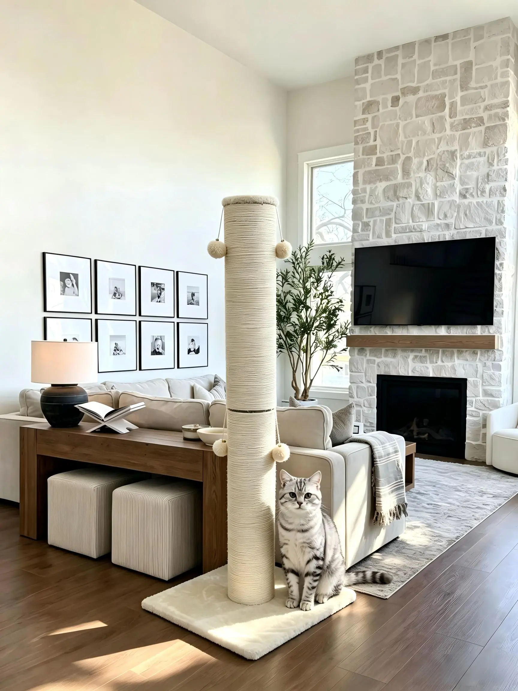 Classic Modern Vertical Sisal ScratchingPost - 23.62" L x23.62" W x 48.03" H, Sturdy BaseStays Put During Clawing, Muscle Stretching,Neutral Tone, Plush Fabric for Lounging, HangingBall, Indoor Cat Furniture, Furniture Protector,Single Unit