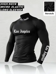 Men's High Neck Long Sleeve Slim Fit Warm Top, Casual Style Summer Wear, Moderate Fabric Thickness, Letter Pattern Design