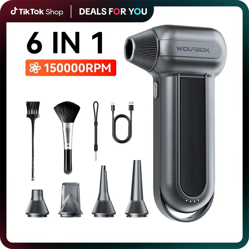 WOLFBOX 6-in-1 150000RPM Super Power Electric Compressed Air Duster with 6000mAh Battery & Type-C Fast Charging for Lawn Care Car Cleaning BBQ Leaf &