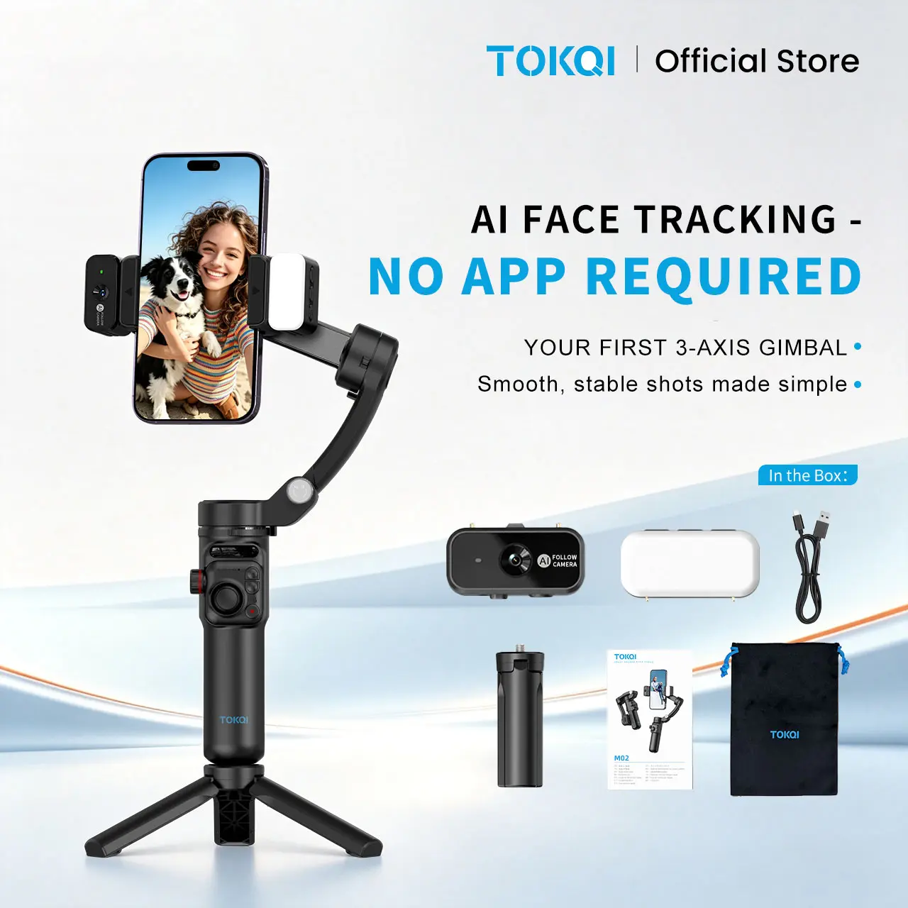 TOKQI M02 3-Axis Mobile Gimbal Stabilizer - Magnetic AI Tracking Camera, Bright Fill Light, Foldable Phone Holder Tripod, Portable Selfie Accessory, Live Streaming Tool for Vlogging, Travel; Phone Accessories Compatible Selfie Gear, Easy Gift Choice