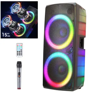Portable Bluetooth Party Speaker, Dual 15 Inch Woofer 200W Rechargeable PA Speaker with Transparent RGB Light Cabinet, Rolling Wheels, Support USB/TF/AUX/FM/TWS, Comes with Wireless Mic & Remote Karaoke Audio fathersdaygift