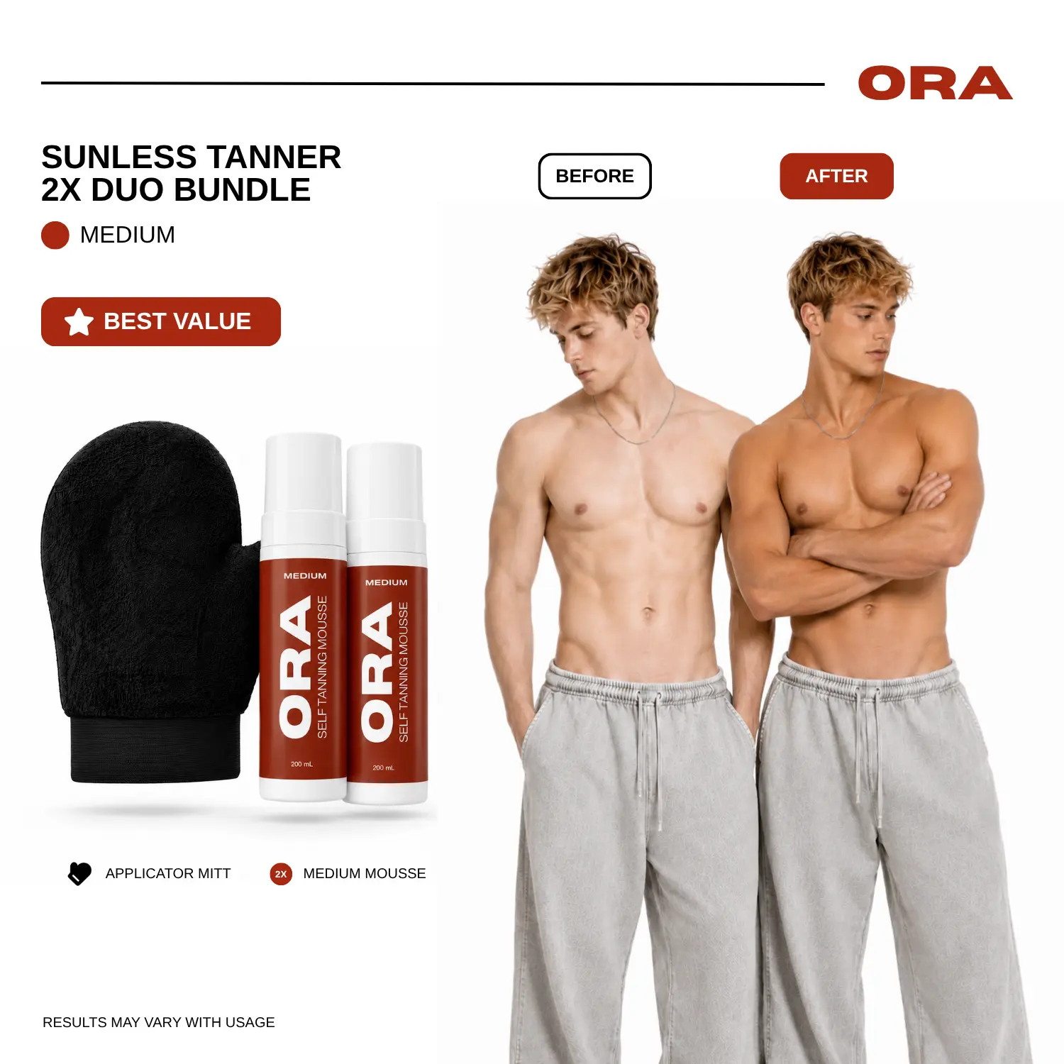ORA Medium Self Tanning Mousse Duo Kit - 2 x 200mL Self Tanner + Premium Velvet Applicator Mitt | Streak-Free Sunless Tanner for Men, Natural Looking Fake Tan, Muscle-Defining, Fast-Drying, Vegan & Cruelty-Free