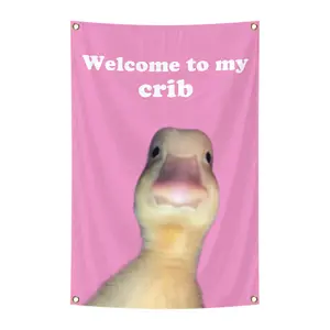 Welcome to My Crib Fun Flag Duck 2x3 Feet Generous Size Bedroom Wall Art Rug, Home Dorm Living Room Decor, Tapestry Wall Hanging, Versatile Display, Easy Installation, Includes Four Brass Grommets