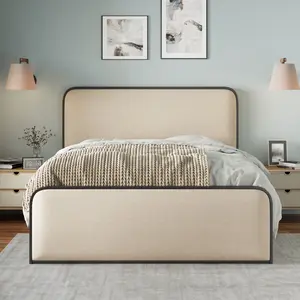 Queen Size Metal Bed Frame with Curved Upholstered Headboard and Footboard, Upholstered Queen Platform Bed Frame with Under Bed Storage, Heavy Duty Metal Slat Support, Easy Assembly, Beige