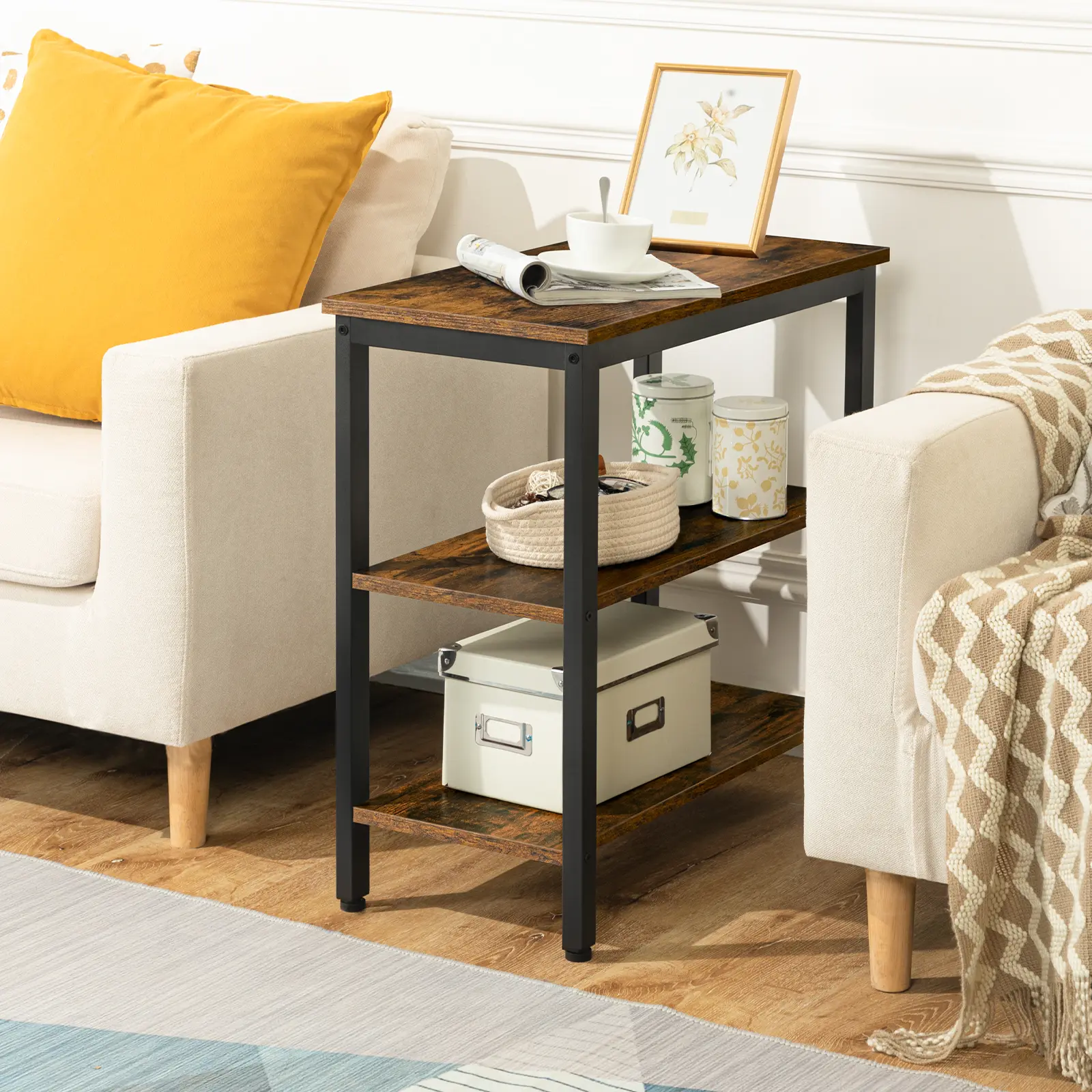 HOOBRO End Table, Simple Rustic Side Table with 3-Tier Storage Shelf, Narrow Nightstand for Small Spaces, Easy Assembly, Industrial Design, Rustic Brown#springtok #SummerVibes
