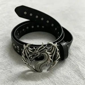 【On Sale】Dragon Design Buckle Y2k Belt Waist, Punk Fashion Belt for Party, Daily Clothing Decor, Black Studded Belt Y2K, Trendy Exquisite Belt for Men's Wear Gift | Unique Texture Design