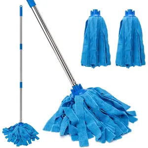 Mop, Microfiber Cloth Mops for Floor Cleaning,  Pole with Two Microfiber Cloth Wet Mop Refills, String Mop with 49" Long Handle, Blue (1 Handle & 2 Mop Heads)
