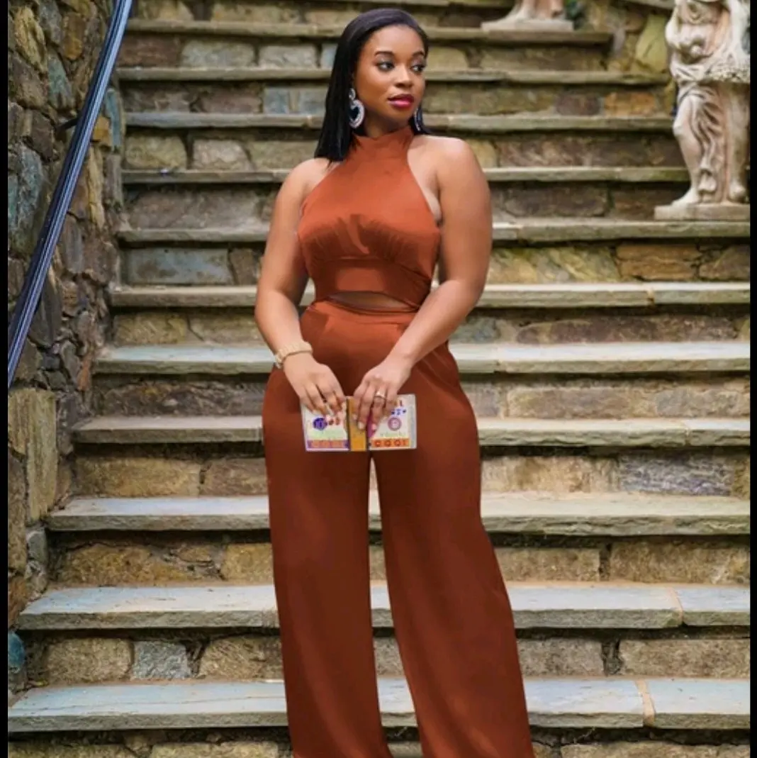 Women Sexy Elegant 2 Piece Outfits Clubwear Halter Sleeveless Crop Top Wide Leg Palazzo Long Pants, Coffee,Orange,Silver Satin