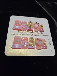 Handmade Nails - Pink Design with Gold Accents, Brighten Up Your Finger, Brighten Up Your Life