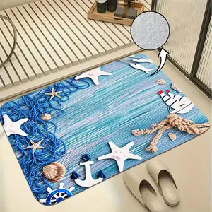 Medieval Style Bathroom Floor Mat, Ocean Element Print, Flocked Material, Comfortable & Absorbent, Home Decor Rug