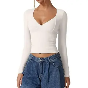 Neck Tops for Women Long Sleeve Crop Tops Double Lined Seamed Cup T Shirts