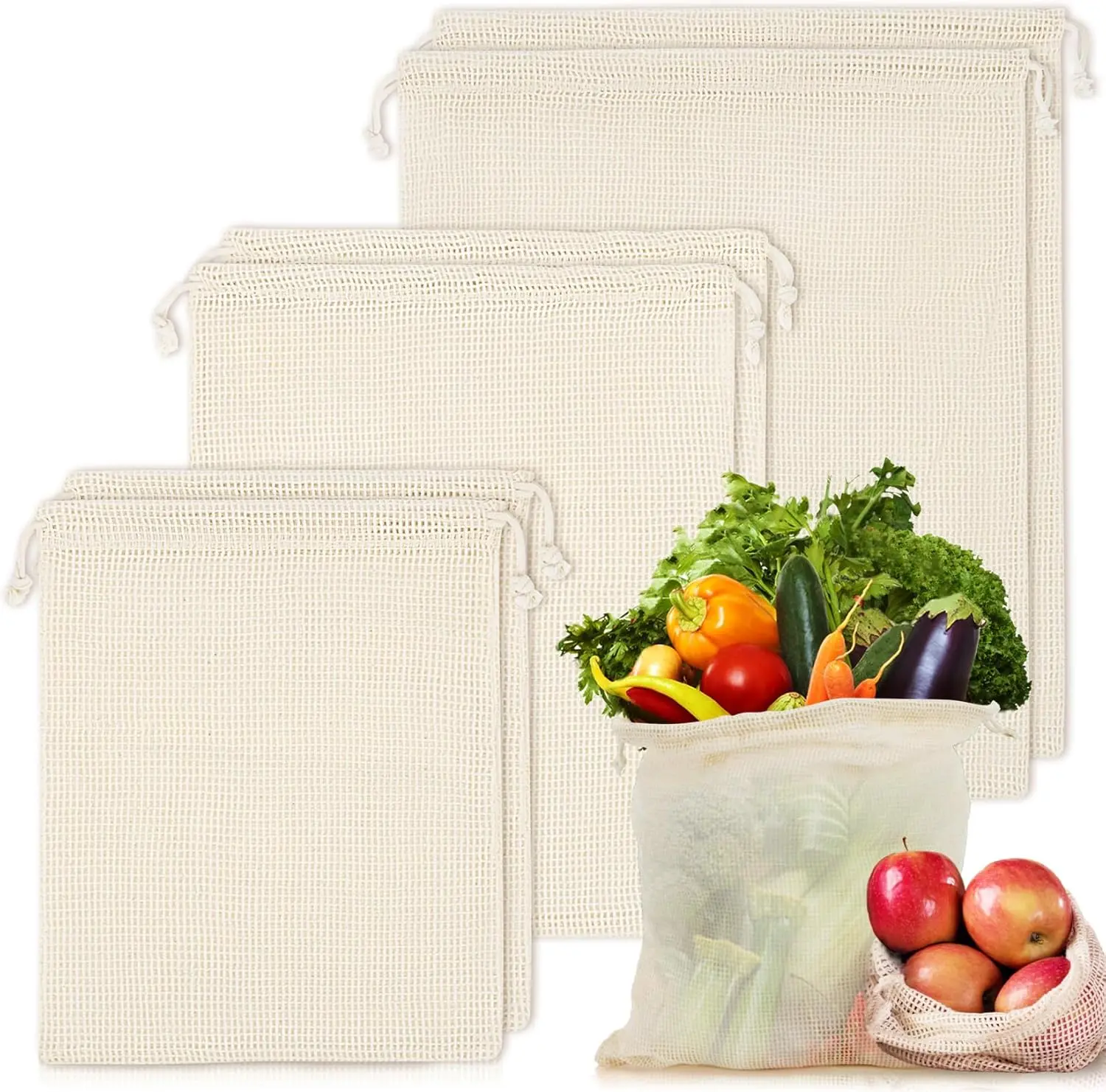 6-Pack Eco-Friendly Cotton Mesh Produce Bag Set, Lightweight Durable Double-Stitched Drawstring Storage Bags for Kitchen Organiser, Vegetables, Fruit & Grocery Shopping (2L, 2M, 2S)