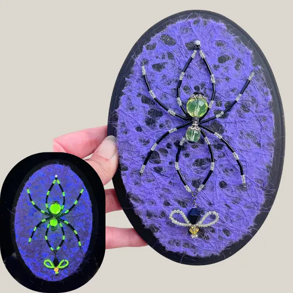 Uranium Glass Beaded Spider Victorian Gothic Dark Aesthetic Purple Oval Wall Plaque Art Decor Hanging