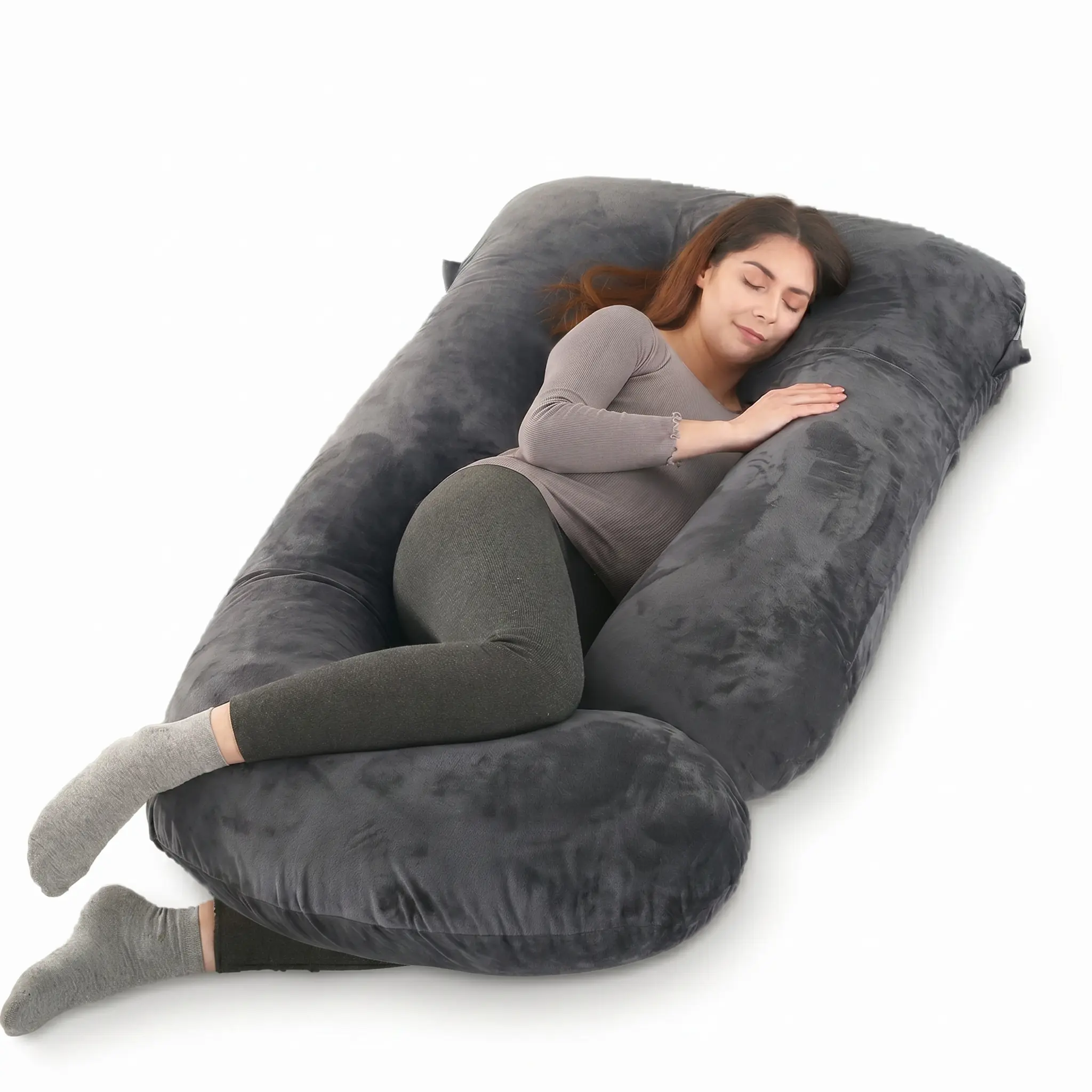 Full Body Extra Long Maternity Pillow – Full Body Pregnancy Pillow for Side Sleepers – Velvet Removable Cover – Relieves Back Pain, Hip Pressure & Belly Support – Ideal for Sleeping & Nursing – Black Grey