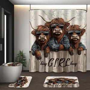 LVRLVR 4Pcs Highland Cow Sunglasses Funny Print Western Rustic Multi-Color Shower Curtain Set 70.8×70.8 Inch