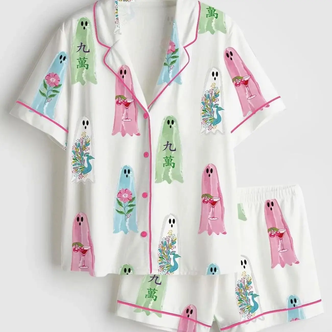 Women’s Halloween Ghost Mahjong Pajama Set, Spooky Boo Satin Pajamas, Silky Short Sleeve Sleepwear, Cute Mahjong Lover Gift, Halloween PJs