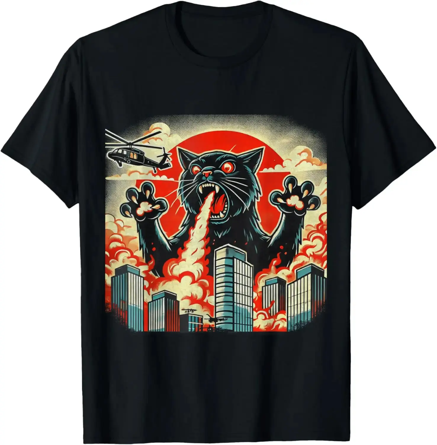 Catzilla Cat Japanese Art Fun Cat Men's and Women's Pure Cotton T-shirt