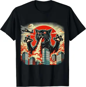 Casual Cotton shortsleeve funny graphic tees Catzilla Cat Japanese Art Funny Cat Gifts For Men Women Kids T-Shirt 0714D 818 Cartoon Print Tee