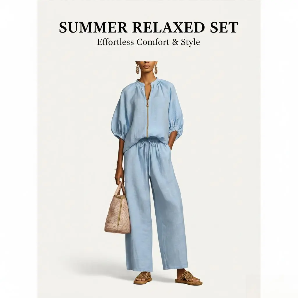 Women's Summer 2-Piece Quarter Zip Pullover Wide Leg Pants Set - Relaxed Lightweight Soft Sweatsuit Casual Outfit - Polyester Spandex Blend Everyday Comfort Womenswear, denim pants, pants for women
