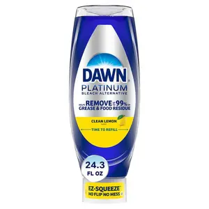 Dawn Platinum Bleach Alternative 24.3 oz. Clean Lemon Scent Liquid Dish Soap,bleach alternative dish soap,grease cutter,food residue remover,less-scrubbing formula,gentle on hands,clean lemon scent,cookware cleaner,skillet cleaner,casserole dish cleaner
