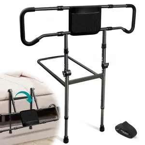 Bedside Safety Armrest, Adjustable Height with Double-Sided Storage Bag, Non-Slip Dual Handle, Anti-Slip Foot Pad, Fixed Straps, Supports 400lbs, Foldable and Portable, Stable, Suitable for Elderly, Disabled Person, Mother'S Day Gift, Birthday Present