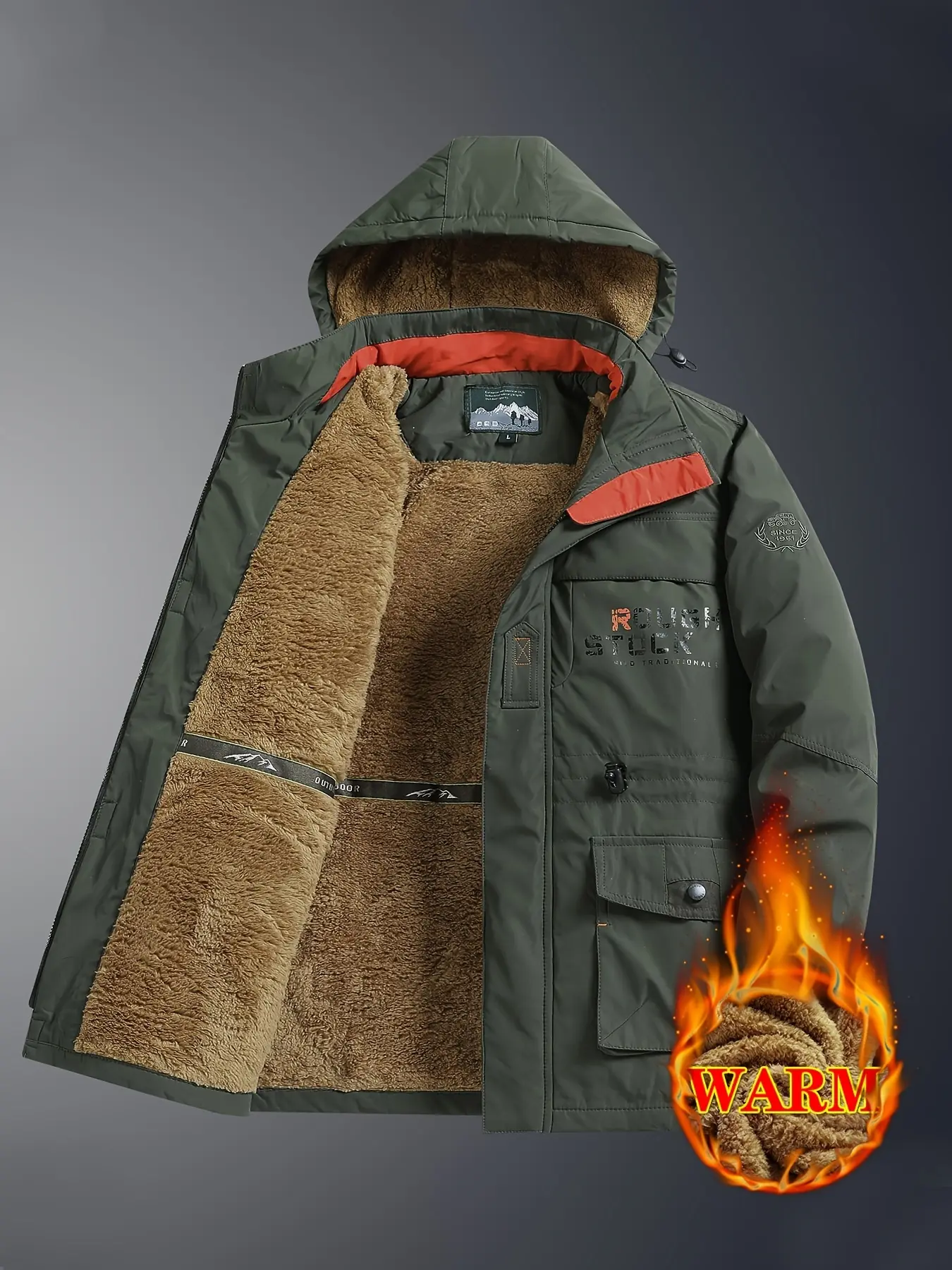 Men's Fleece Lined Hooded Work Jacket - Heavyweight 100% Polyester Winter Coat with Large Pockets, Ribbed Cuffs & Waistband, Machine Washable Casual Outdoor Fall/Winter Jacket, Winter Coat Cotton Fashion