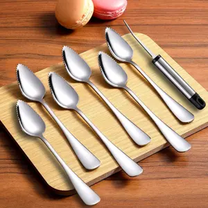 Sawed Toothed Dining Spoon Stainless Steel Grapes Pomelo Spoon Set Reusable Band Sawed Edges for Comfortable Grip Fruit Spoons and Citrus Kiwi Grapefruit Knife, Perfect for Family Restaurant Use Cutlery Tableware